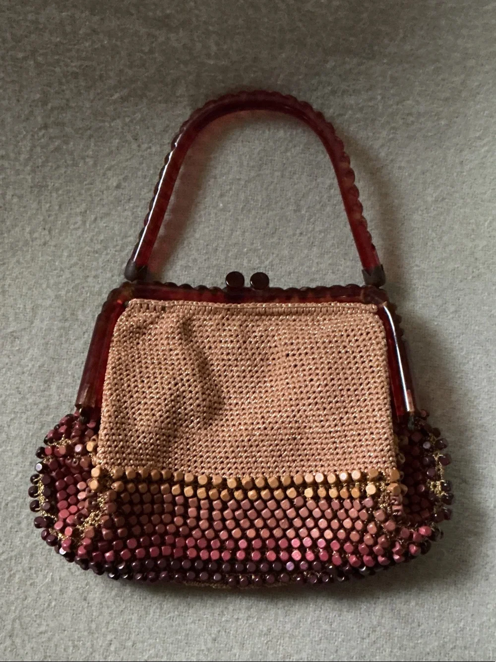 Hand Crafted Pink and Brown Beaded Wristlet with Tortoiseshell Handle
